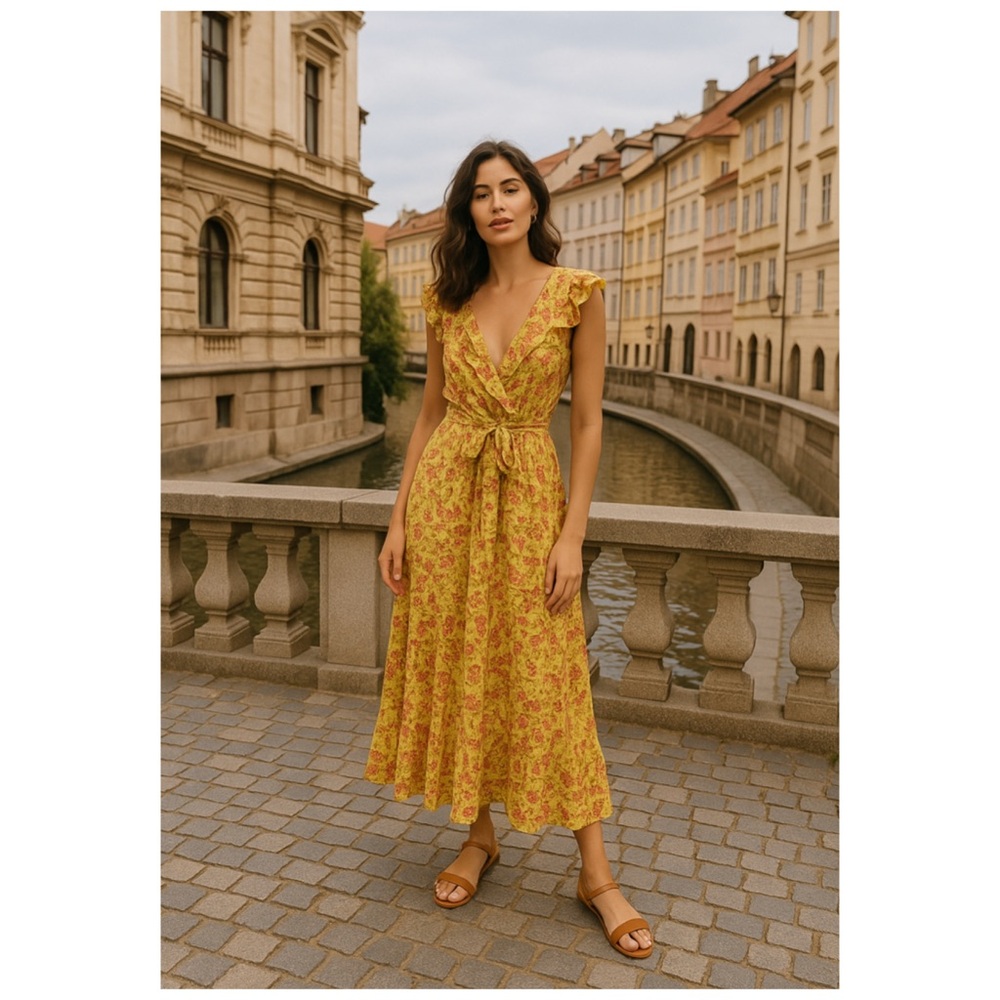 POUPETTE ST BARTH Delia Yellow Floral Ruffle Maxi Dress Sz S NWT